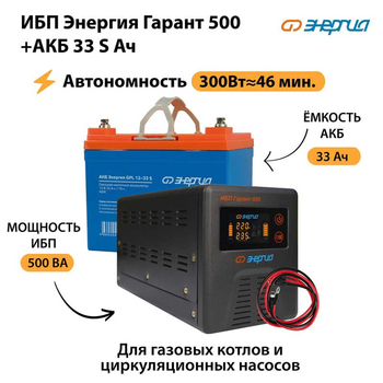 ИБП Энергия Гарант 500 + Аккумулятор S 33 Ач (300Вт - 46мин) - ИБП и АКБ - ИБП для котлов со встроенным стабилизатором - . Магазин оборудования для автономного и резервного электропитания Ekosolar.ru в Миассе